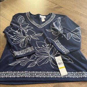 Alfred Dunner Navy Top with White Embroidery